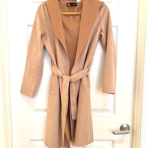 Blush pink Zara suede hooded & belted coat